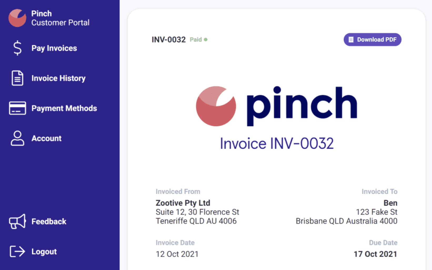 Pinch Customer Payment Portal